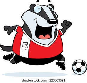 A cartoon illustration of a badger playing soccer.