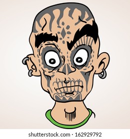 cartoon illustration of bald boy with sugar skull makeup and ear rings