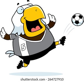 A cartoon illustration of a bald eagle kicking a soccer ball.