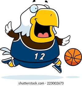 A cartoon illustration of a bald eagle playing basketball.