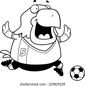 A cartoon illustration of a bald eagle playing soccer.