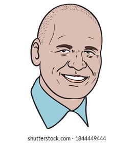 Cartoon illustration of a bald man head. avatar, with shirt collar.