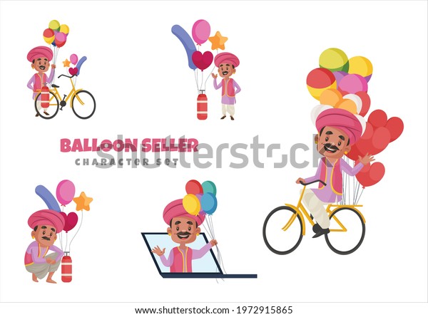 Cartoon illustration of balloon seller
character set on white
background.
