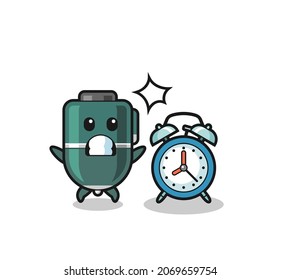 Cartoon Illustration of ballpoint pen is surprised with a giant alarm clock , cute design