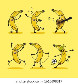 cartoon illustration of banana mascot with various expression