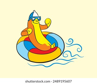 cartoon illustration of a banana sitting on a float casually