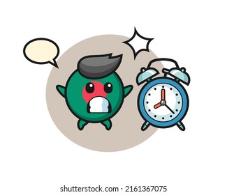 Cartoon Illustration of bangladesh flag badge is surprised with a giant alarm clock , cute style design for t shirt, sticker, logo element