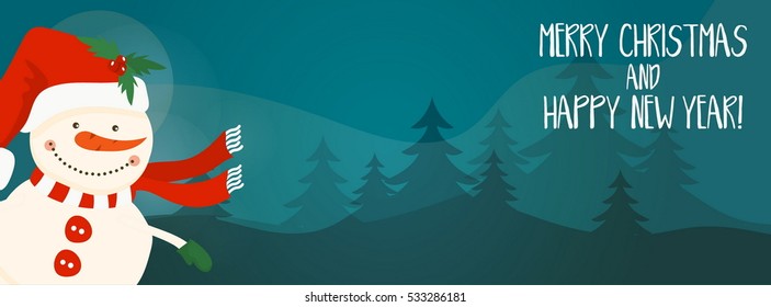 Cartoon illustration banner for holiday theme with snowman on winter background. Greeting card for Merry Christmas and Happy New Year. Vector illustration
