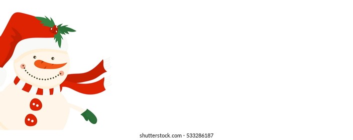 Cartoon illustration banner for holiday theme with snowman on winter background. Greeting card for Merry Christmas and Happy New Year. Vector illustration