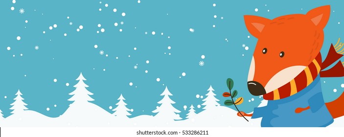 Cartoon illustration banner for holiday theme with fox on winter background. Greeting card for Merry Christmas and Happy New Year. Vector illustration