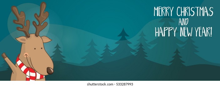 Cartoon illustration banner for holiday theme with deer on winter background. Greeting card for Merry Christmas and Happy New Year. Vector illustration