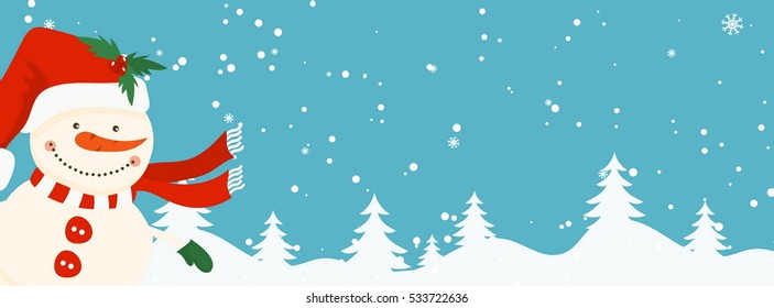 Cartoon illustration banner for holiday theme with snowman on winter background. Greeting card for Merry Christmas and Happy New Year. Vector illustration