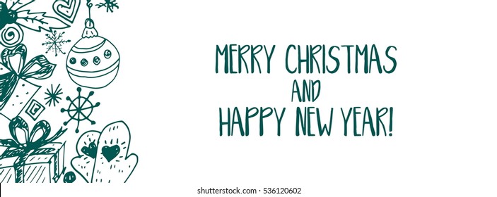 Cartoon illustration banner for holiday theme on winter background. Greeting card for Merry Christmas and Happy New Year. Vector illustration