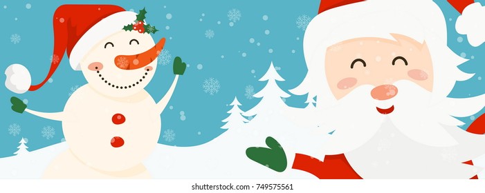 Cartoon illustration banner for holiday theme with snowman and santa claus on winter background. Greeting card for Merry Christmas and Happy New Year. Vector