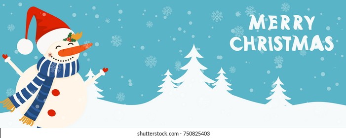 Cartoon illustration banner for holiday theme with snowman on winter background. Greeting card for Merry Christmas and Happy New Year. Vector 