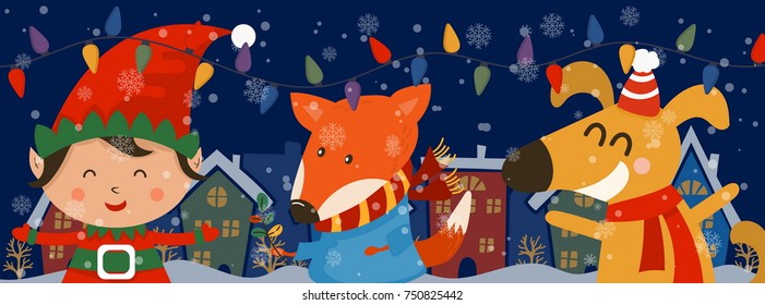 Cartoon illustration banner for holiday theme with elf,fox and dog on winter background. Greeting card for Merry Christmas and Happy New Year. Vector