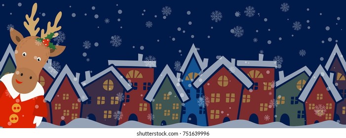 Cartoon illustration banner for holiday theme with deer on winter background. Greeting card for Merry Christmas and Happy New Year. Vector