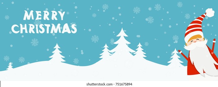 Cartoon illustration banner for holiday theme with Santa Claus on winter background. Greeting card for Merry Christmas and Happy New Year. Vector