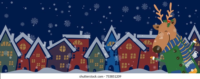Cartoon illustration banner for holiday theme with deer on winter background. Greeting card for Merry Christmas and Happy New Year. Vector illustration