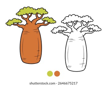 Cartoon illustration of a baobab tree, both colored and as an outline for coloring, with a small color palette. Ideal for children's educational materials, nature themes, or craft activities.