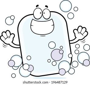 Cartoon illustration of a bar of soap with a big grin. 
