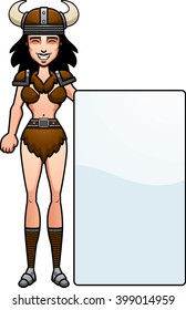 A cartoon illustration of a barbarian woman with a sign.