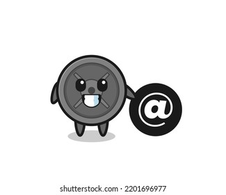 Cartoon Illustration of barbell plate standing beside the At symbol , cute design