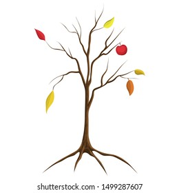 Cartoon illustration of bare tree isolated on white background. Autumn tree no leaves isolated. spooky scary Halloween tree. fall tree with some red and orange leaves and one apple on naked branches.