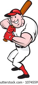 Cartoon illustration of a baseball player with bat batting facing front on isolated white background.
