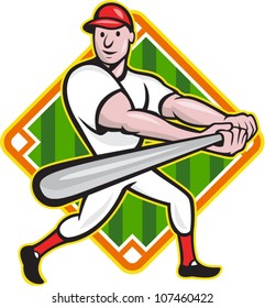 Cartoon illustration of a baseball player with bat batting facing front with diamond in background.