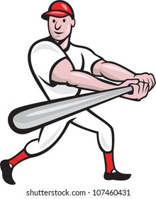 Cartoon illustration of a baseball player with bat batting facing front on isolated white background.