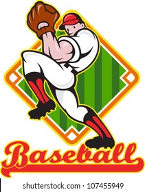 Cartoon illustration of a baseball player pitcher pitching ball facing front with diamond field in background with text wording "baseball"