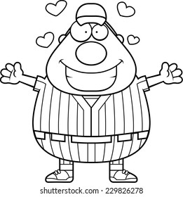 A cartoon illustration of a baseball player ready to give a hug.