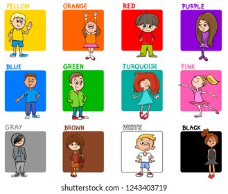 Cartoon Illustration of Basic Colors with Children Characters Educational Set