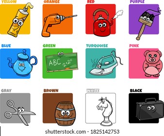 Cartoon Illustration of Basic Colors with Comic Object Characters Educational Set