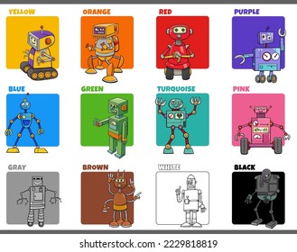Cartoon illustration of basic colors with comic robots characters educational set
