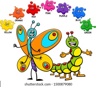 Cartoon Illustration of Basic Colors Educational Worksheet with Funny Butterfly and Caterpillar Insect Characters