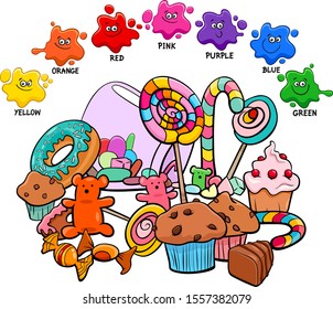 Cartoon Illustration of Basic Colors Educational Worksheet with Candies and Sweet Food Objects Group