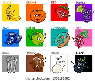 Cartoon Illustration of Basic Colors with Funny Fruits and Food Object Characters Educational Set