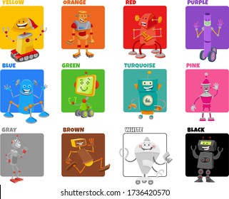 Cartoon Illustration of Basic Colors with Funny Robots Science Fiction Characters Educational Set