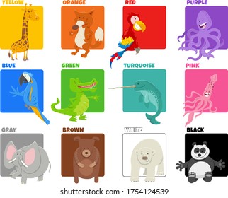Cartoon Illustration of Basic Colors with Funny Animal Characters Educational Set