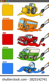Ilustración de colores básicos con personajes de vehículos divertidos en un juego educativo para niños de preescolar