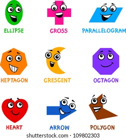 Cartoon Illustration of Basic Geometric Shapes Comic Characters with Captions for Children Education