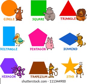 Cartoon Illustration of Basic Geometric Shapes with Captions and Animals Comic Characters for Children Education