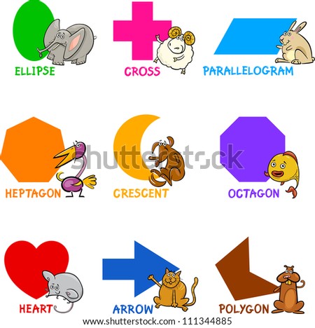 Cartoon Illustration of Basic Geometric Shapes with Captions and Animals Comic Characters for Children Education