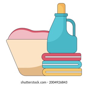 Cartoon illustration of a basket with a dirty clothes and soap in plastic tube on the multi-colored towels. Vector illustration in a flat style isolated on a white background. Vector illustration