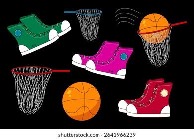 Cartoon illustration of an basketball set of balls, hoops, and sneakers on black background. For back to school theme, sports and physical education visual, educational concept, and classroom decor.