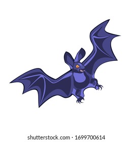 Cartoon illustration bat character, flying with wings spread, in flat contemporary style isolated on white.