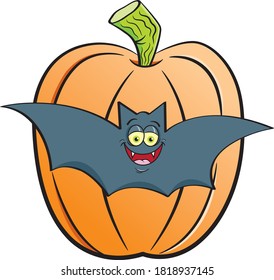 Cartoon illustration of a bat in front of a large pumpkin.