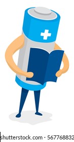 Cartoon illustration of battery reading an article or book